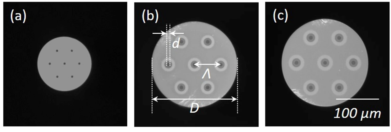 Micrographs of the core end faces of three types of multi-core optical fiber Micrographs of the core end faces of three types of multi-core optical fiber